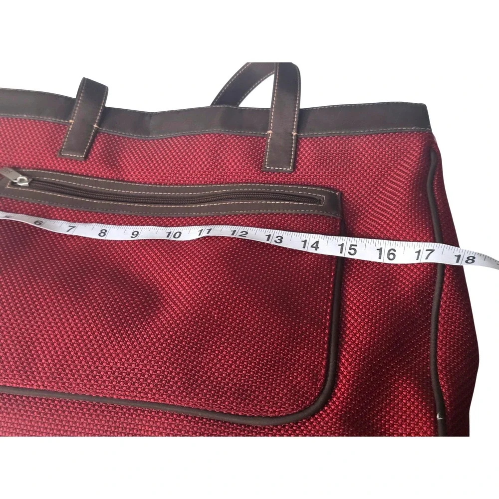 The Sak Red Woven Tote Bag Brown Faux Leather Trim Large‎ Shoulder Bag Pocket